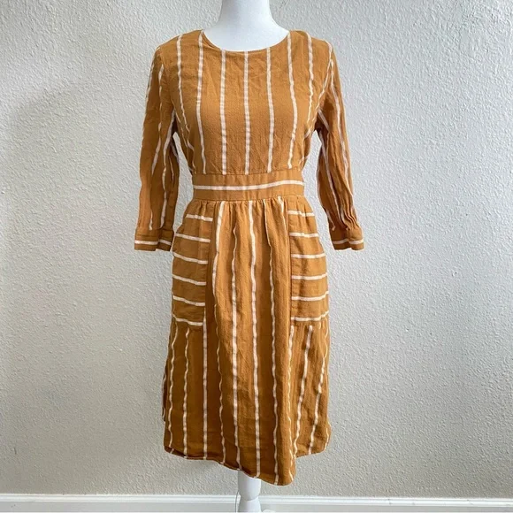Roolee Dresses | Roolee Mustard Yellow White Stripe Cottage Boho Midi Fit & Flare Dress Sz M | Color: White/Yellow | Size: M | Shop_Elaina's Closet